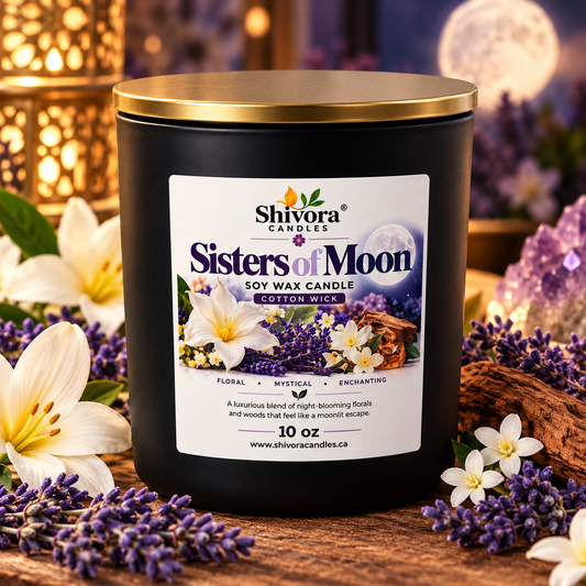 Shivora Sisters of the Moon 10 oz soy candle made in Canada with cotton wick in a matte black jar handmade soy candle by Shivora Candles Canada