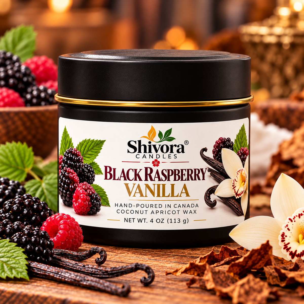 Black Raspberry Vanilla 4 oz coconut apricot wax candle hand-poured in Canada by Shivora Candles