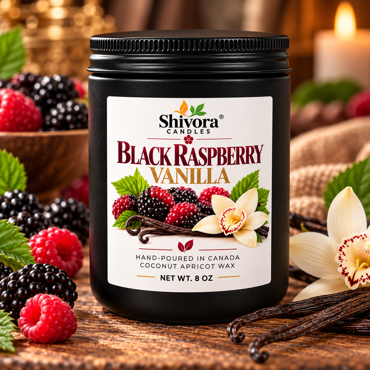 Black Raspberry Vanilla 8 oz coconut apricot wax candle hand-poured in Canada by Shivora Candles