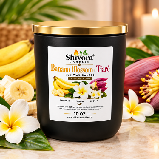 Banana Blossom and Tiaré 10 oz soy candle in a matte black jar with cotton wick, hand-poured in Ontario, Canada – Shivora Candles handmade soy candle by Shivora Candles Canada