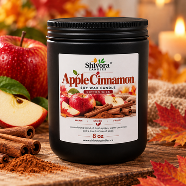 Apple Cinnamon soy wax candle with cotton wick in black 8 oz jar by Shivora Candles Canada product image
