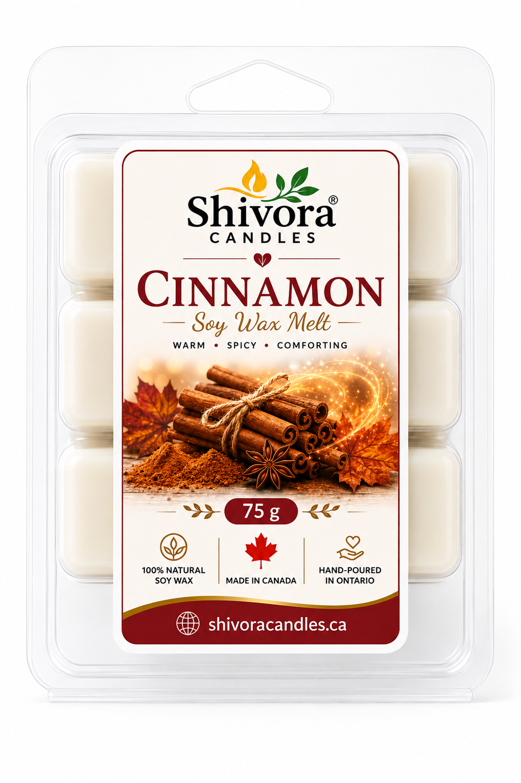 Shivora Cinnamon Soy Wax Melts Canada 75 g – handmade soy wax melts made in Canada with warm cinnamon spice fragrance.