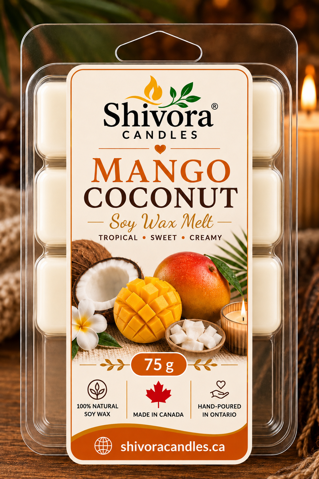 Mango Coconut Soy Wax Melt 75 g – Hand-Poured Soy Wax Melt Made in Canada | Shivora Candles