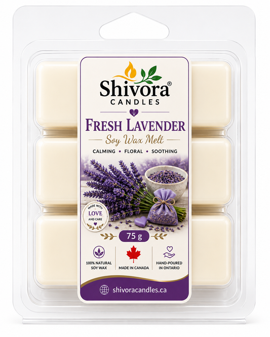 Fresh Lavender Soy Wax Melt 75g by Shivora Candles, hand-poured in Ontario, Canada with natural soy wax and long-lasting lavender fragrance. handmade soy candle by Shivora Candles Canada