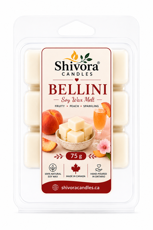 Bellini soy wax melt package with peach fruit, sliced peach, and sparkling drink garnish, 75g clamshell handmade soy candle by Shivora Candles Canada