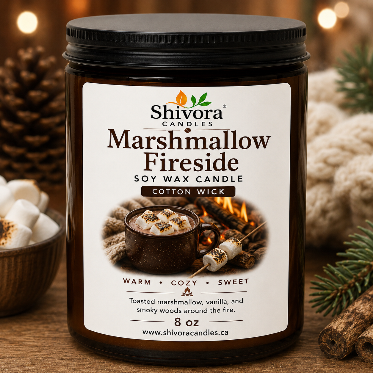 Marshmallow Fireside scented soy candle 8oz in glass jar