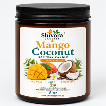 Mango Coconut 8 oz Soy Candle – Handmade Soy Candle Made in Ontario, Canada with Natural Soy Wax, Cotton Wick and Amber Glass Jar | Shivora product image