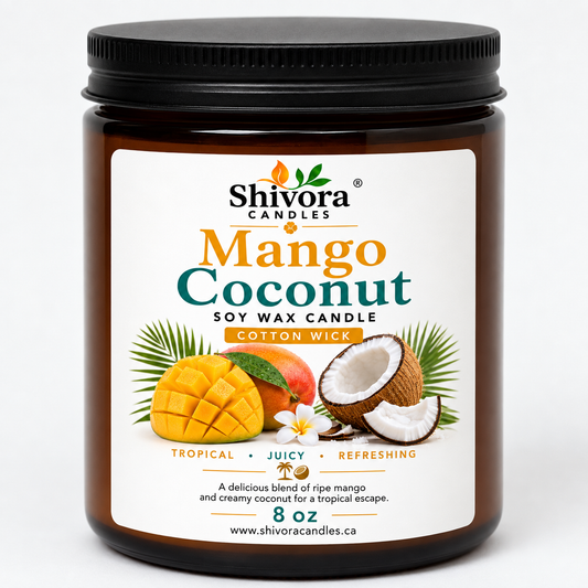Mango Coconut 8 oz Soy Candle – Handmade Soy Candle Made in Ontario, Canada with Natural Soy Wax, Cotton Wick and Amber Glass Jar | Shivora handmade soy candle by Shivora Candles Canada
