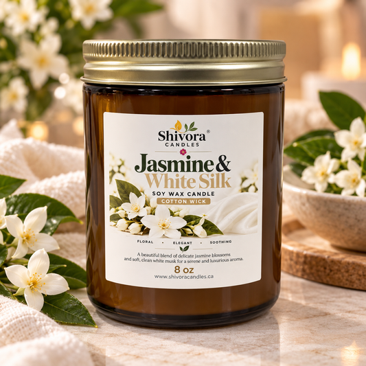 Jasmine & White Silk 8 oz Soy Candle – Handmade Soy Candle Made in Ontario, Canada with Natural Soy Wax, Cotton Wick and Amber Glass Jar | Shivora Candles handmade soy candle by Shivora Candles Canada