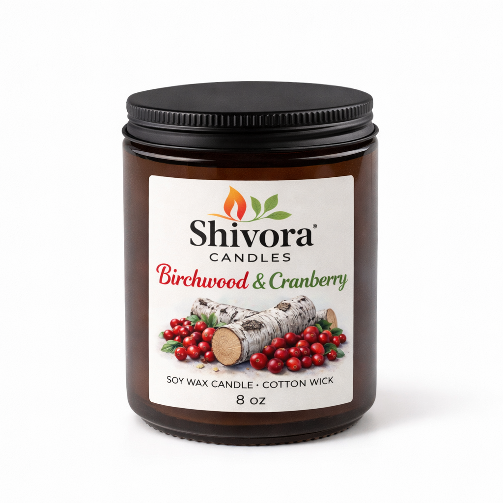 Birchwood & Cranberry 8 oz Soy Candle – Handmade Soy Candle Made in Ontario, Canada with Natural Soy Wax, Cotton Wick and Amber Glass Jar | Shivora Candles