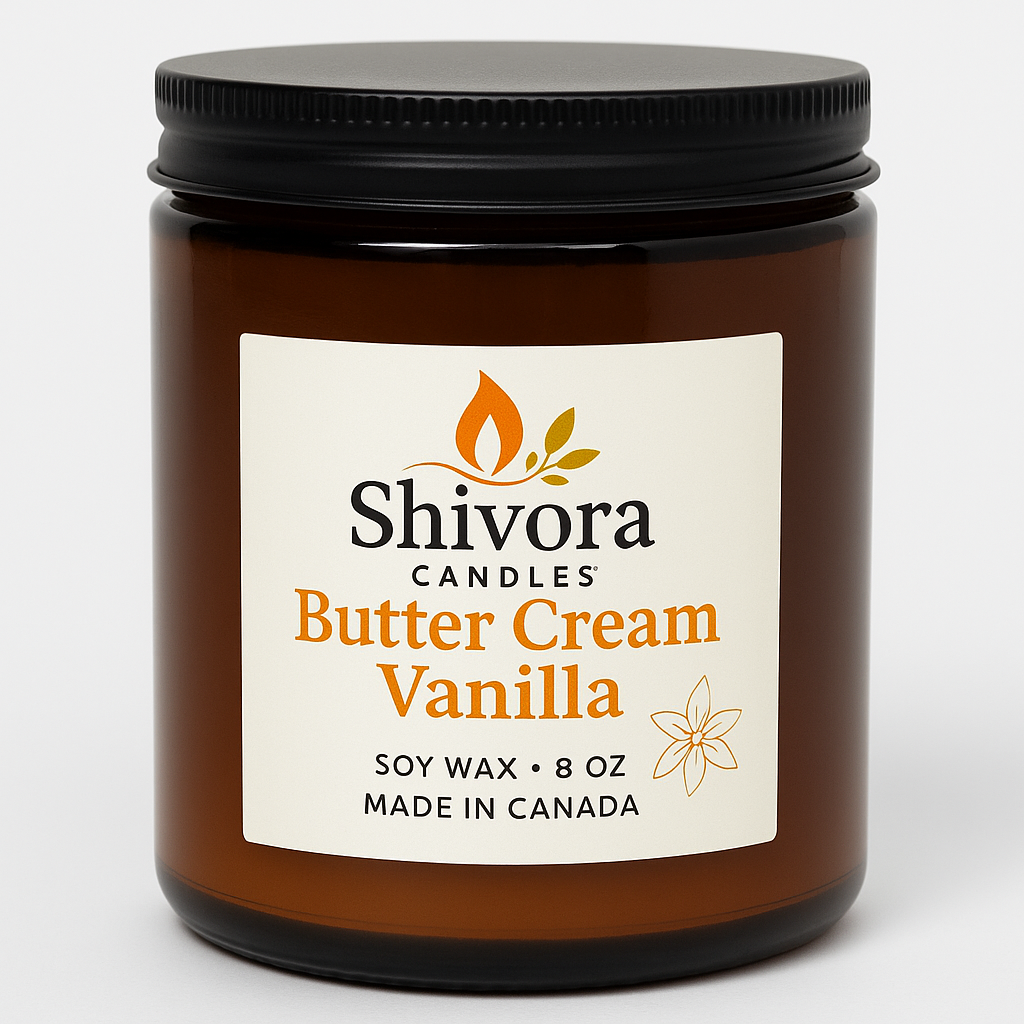 Butter Cream Vanilla 8 oz Soy Candle – Handmade Soy Candle Made in Ontario, Canada with Natural Soy Wax, Cotton Wick and Amber Glass Jar | Shivora Candles