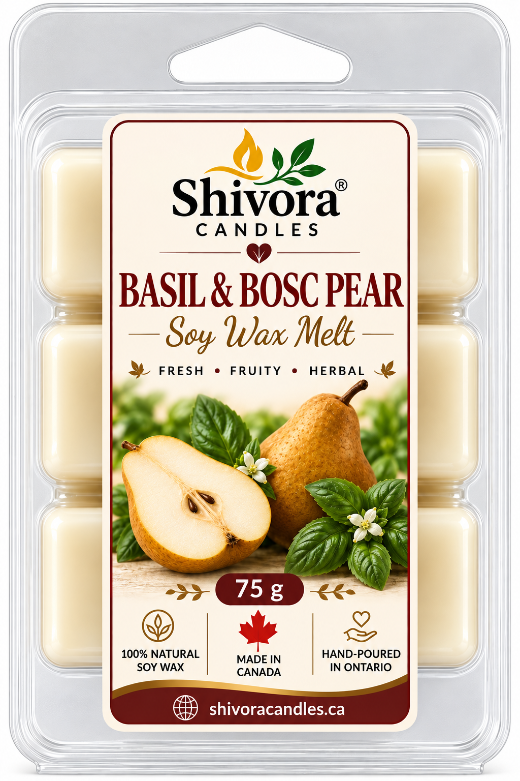 Basil and Bosc Pear soy wax melt 75 g six-cube clamshell, hand-poured in Ontario, Canada