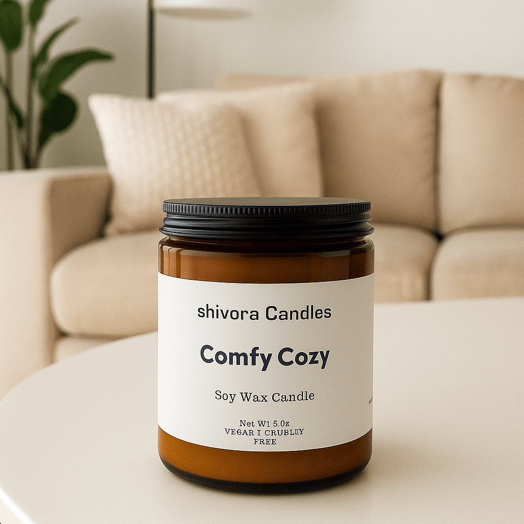 Comfy Cozy soy wax candle 8 oz in amber jar by Shivora Candles