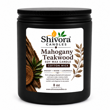 Shivora Mahogany Teakwood 8 oz soy wax candle in a matte black jar with a cotton wick, hand-poured in Canada. product image