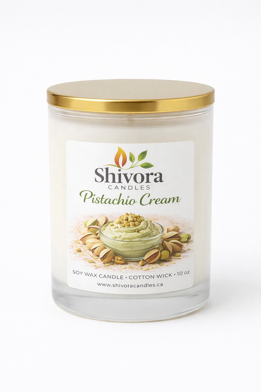 Pistachio Cream 10 oz soy candle with cotton wick, hand-poured in Canada by Shivora Candles. handmade soy candle by Shivora Candles Canada