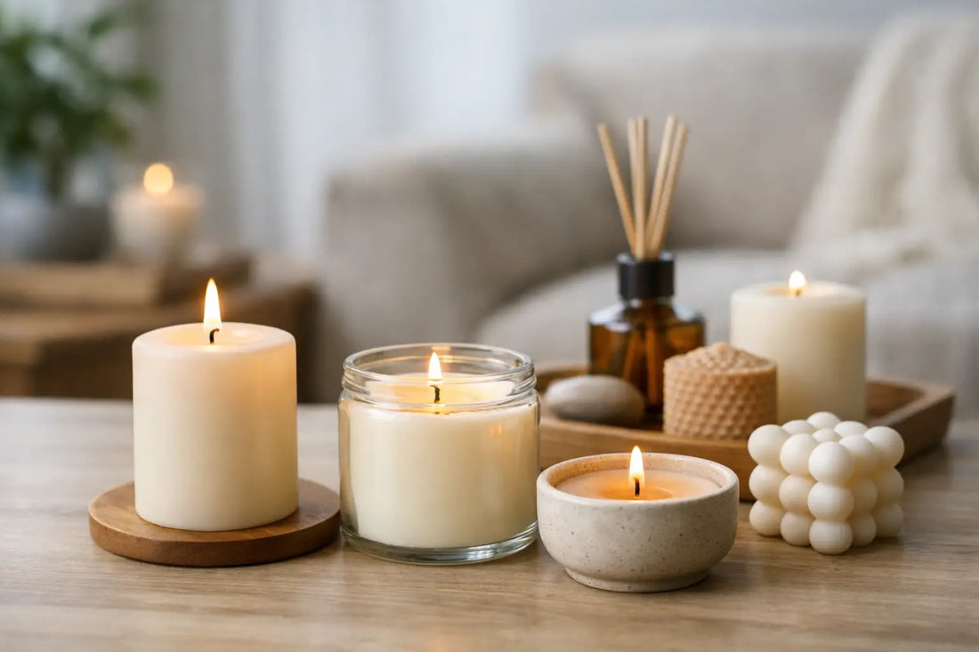 oy wax candle with a trimmed wick burning safely on a stable indoor surface