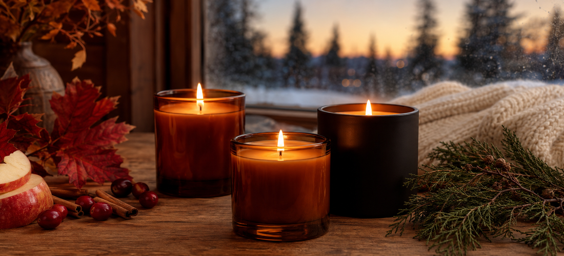Fall and winter candle scents with apple, cinnamon and cedar in a cozy Canadian home