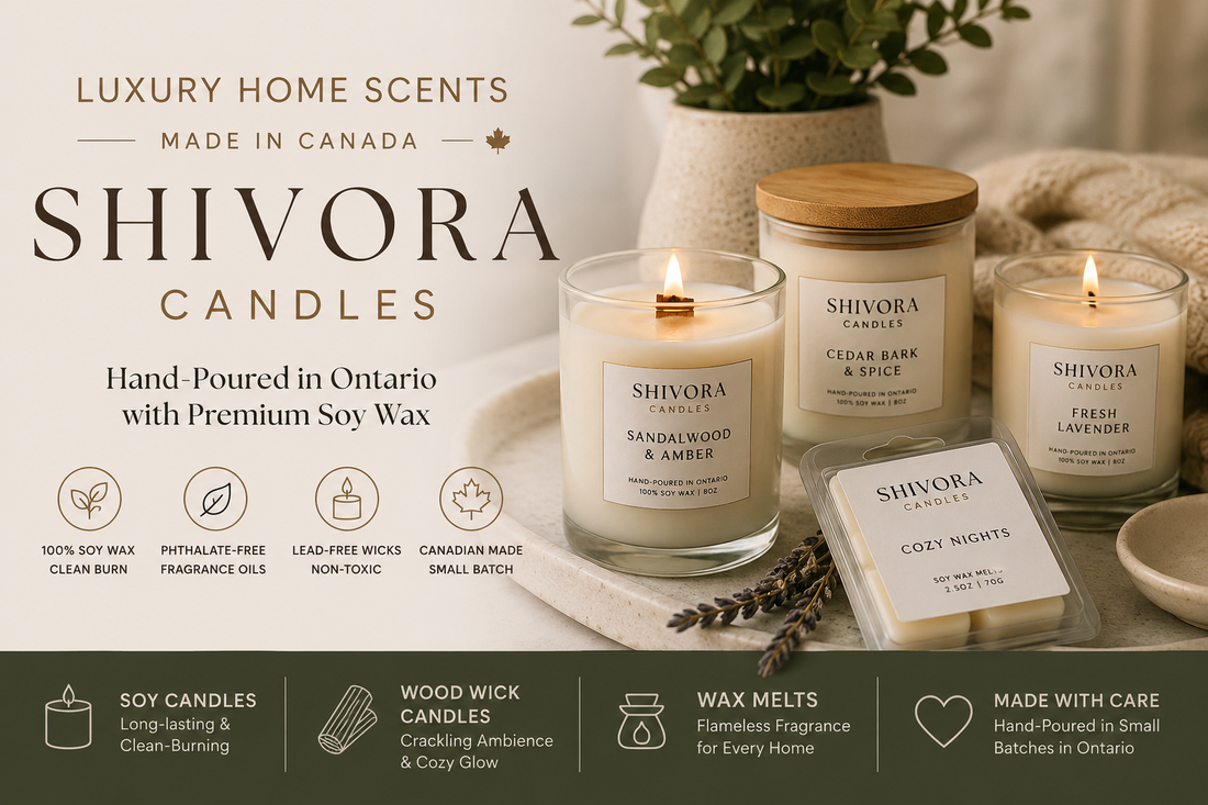 Luxury handmade soy candles made in Canada by Shivora Candles featuring wood wick candles, soy wax melts, premium home fragrance and clean-burning eco-friendly candles.