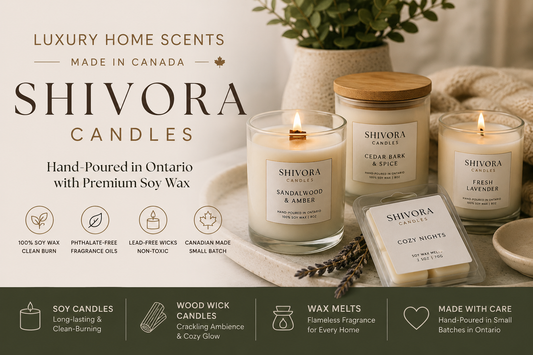 Luxury handmade soy candles made in Canada by Shivora Candles featuring wood wick candles, soy wax melts, premium home fragrance and clean-burning eco-friendly candles.