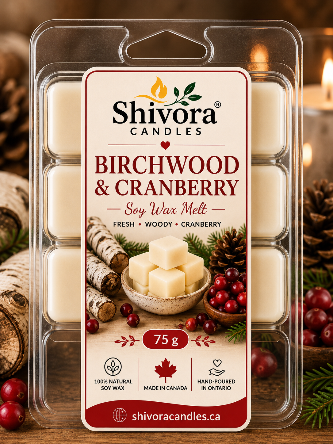 Birchwood and Cranberry soy wax melt, 75g, made in Canada"