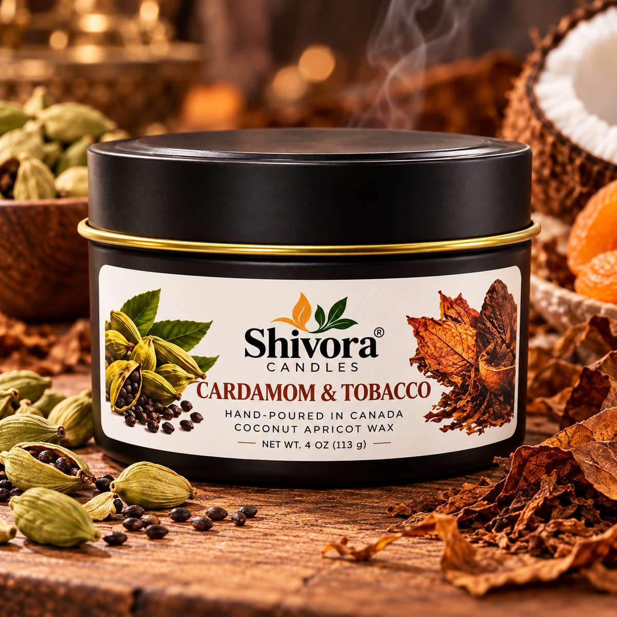 Cardamom and Tobacco 4 oz coconut apricot wax candle hand-poured in Canada by Shivora Candles