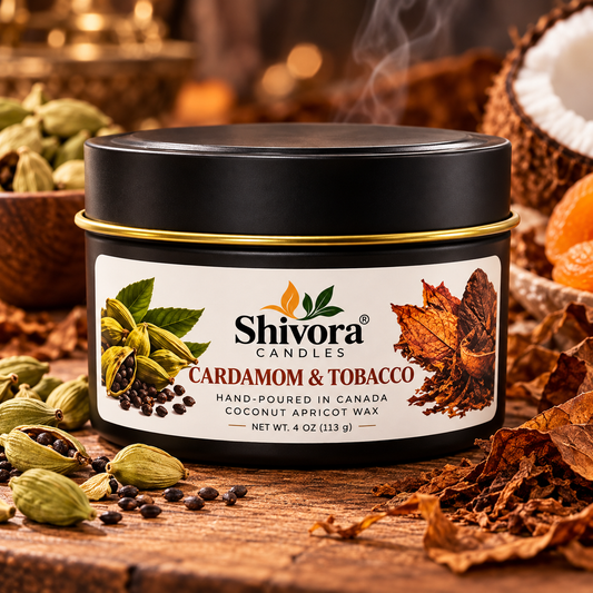 Cardamom and Tobacco 4 oz coconut apricot wax candle hand-poured in Canada by Shivora Candles handmade soy candle by Shivora Candles Canada