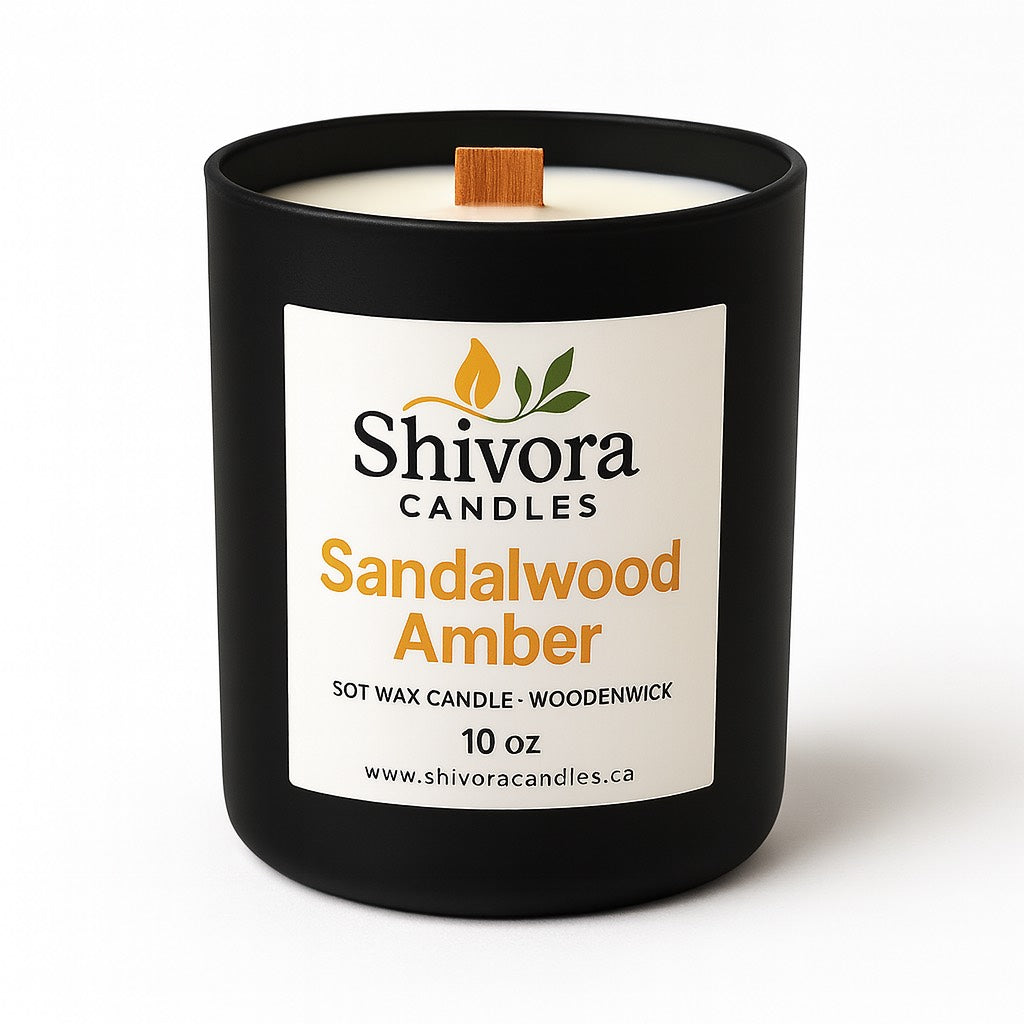 “Sandalwood Amber 10 oz black jar soy candle with wooden wick by Shivora Candles – luxury hand-poured candle in Canada