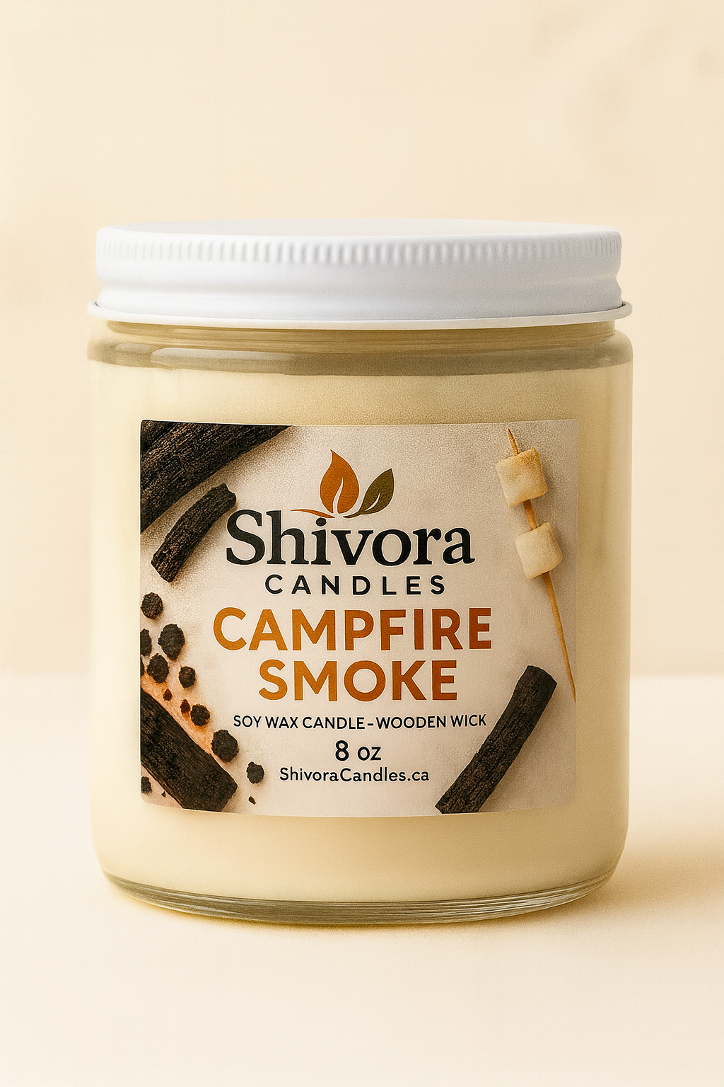 Campfire Smoke wood wick soy candle by Shivora Candles in 8 oz glass jar, hand poured in Canada