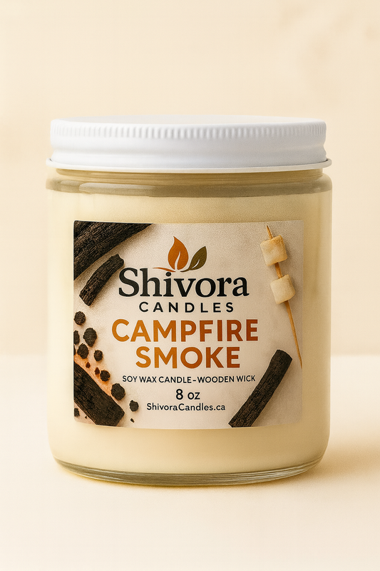 Campfire Smoke wood wick soy candle by Shivora Candles in 8 oz glass jar, hand poured in Canada
