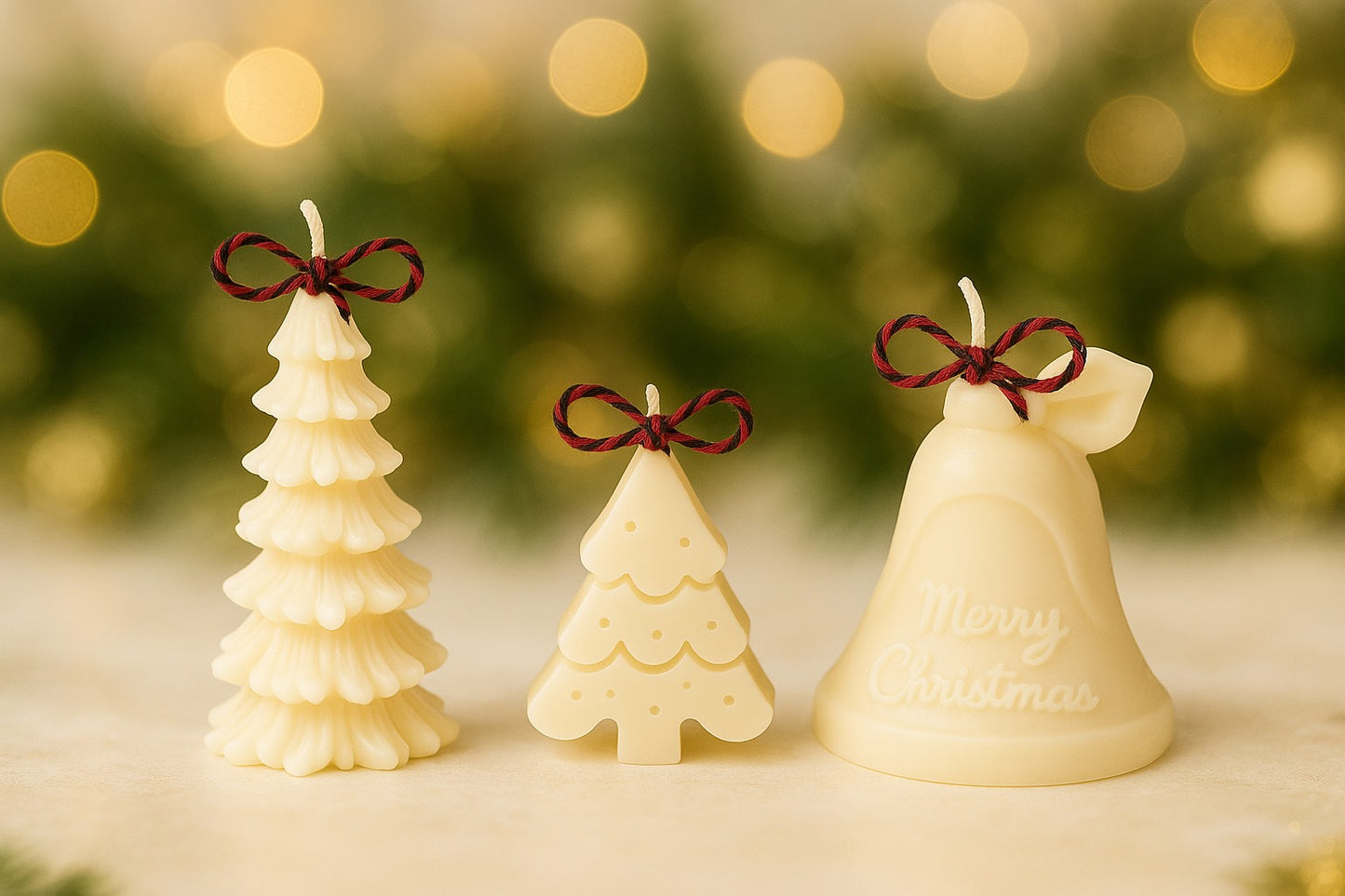 Comfy Cozy Christmas Soy Wax Candle Set – Sculpted Tree & Bell Candles – Hand-Poured Holiday Décor