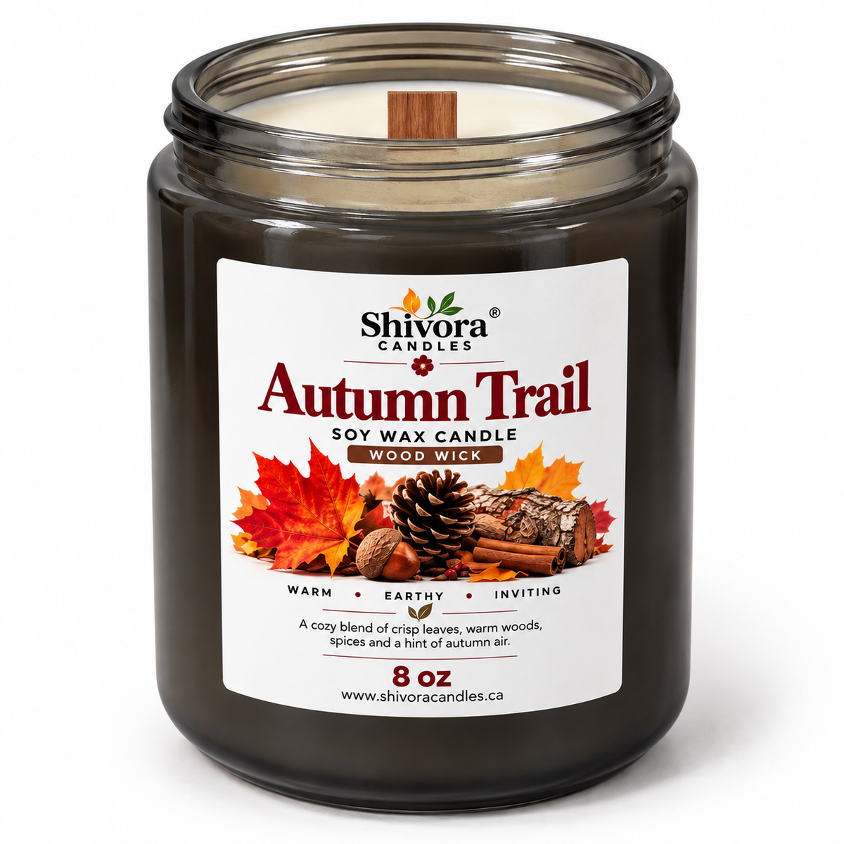 Autumn Trail 8 oz wood wick soy candle handmade in Canada by Shivora Candles
