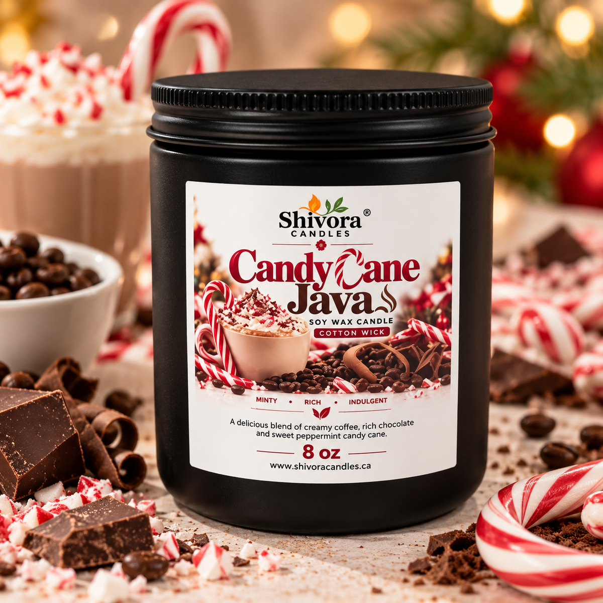 Candy Cane Java 8 oz soy candle with peppermint coffee and chocolate scent by Shivora Candles Canada
