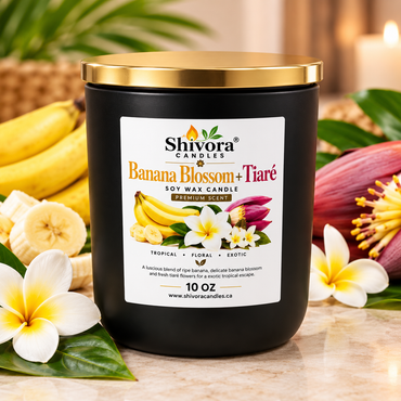 Banana Blossom and Tiaré 10 oz soy candle in a matte black jar with cotton wick, hand-poured in Ontario, Canada – Shivora Candles product image