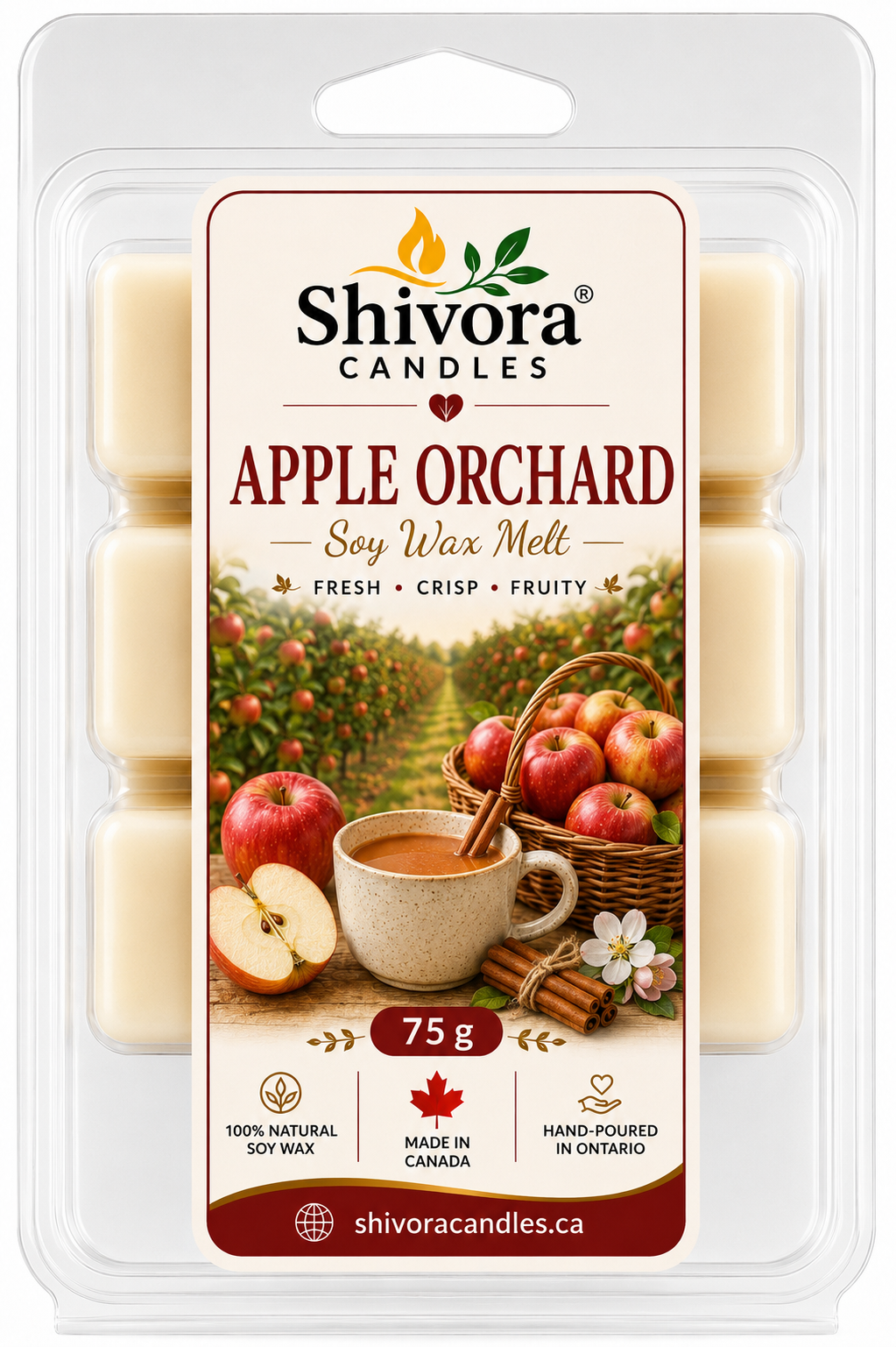 Shivora Candles Apple Orchard soy wax melt clamshell, 75g, made in Ontario Canada