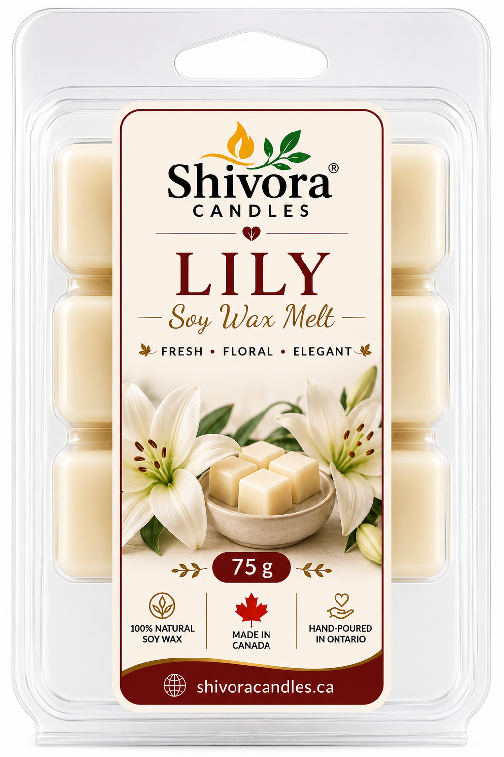 Shivora Candles Lily soy wax melt clamshell, 75g, made in Ontario Canada