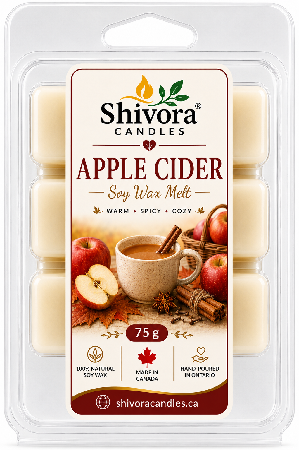 Shivora Candles Apple Cider soy wax melt clamshell, 75g, made in Ontario Canada