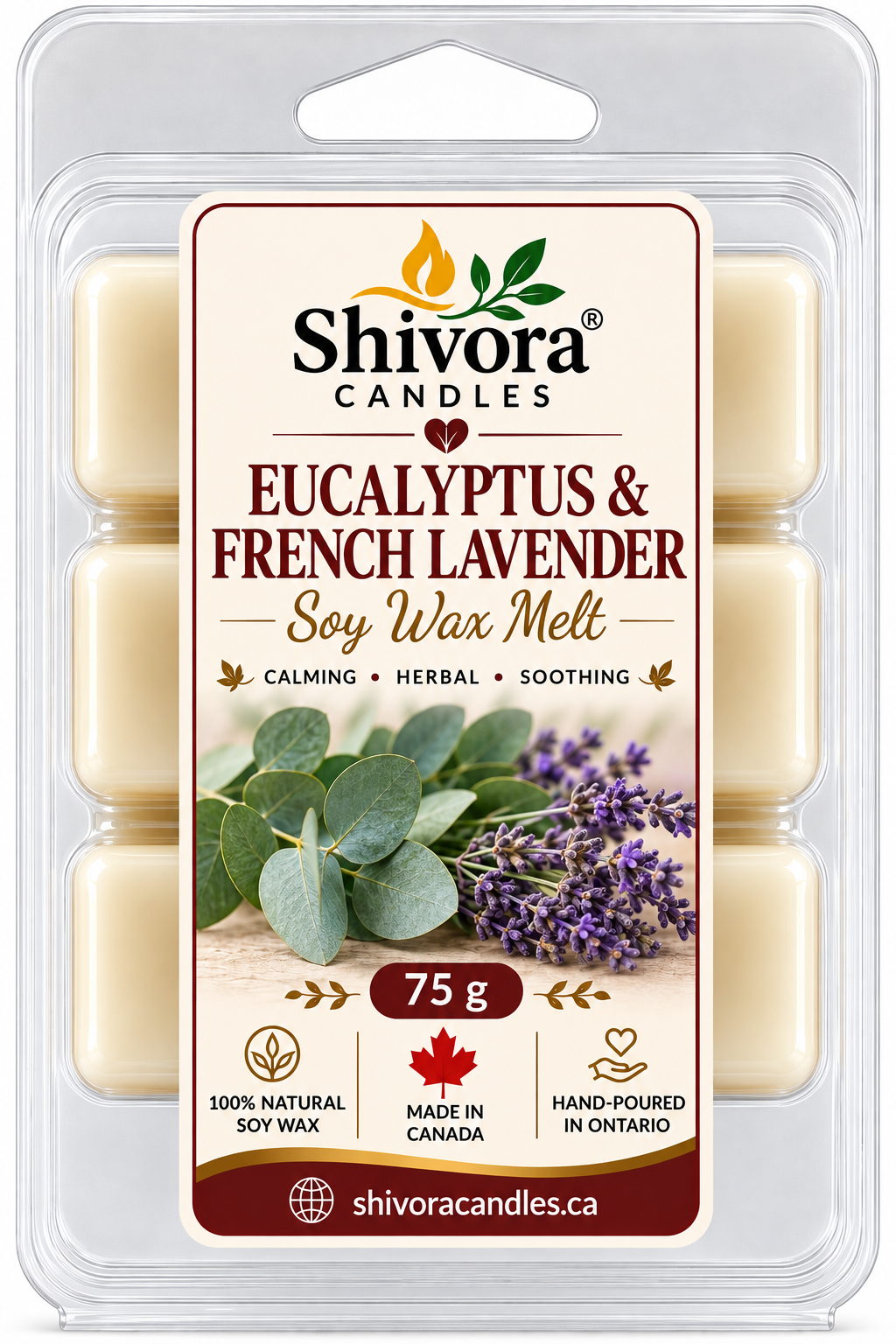 Eucalyptus and French Lavender soy wax melt 75 g six-cube clamshell, hand-poured in Ontario, Canada
