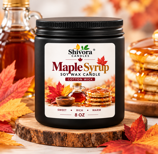 Maple Syrup 8 oz soy candle in a matte-black jar with cotton wick, hand-poured in Ontario, Canada handmade soy candle by Shivora Candles Canada