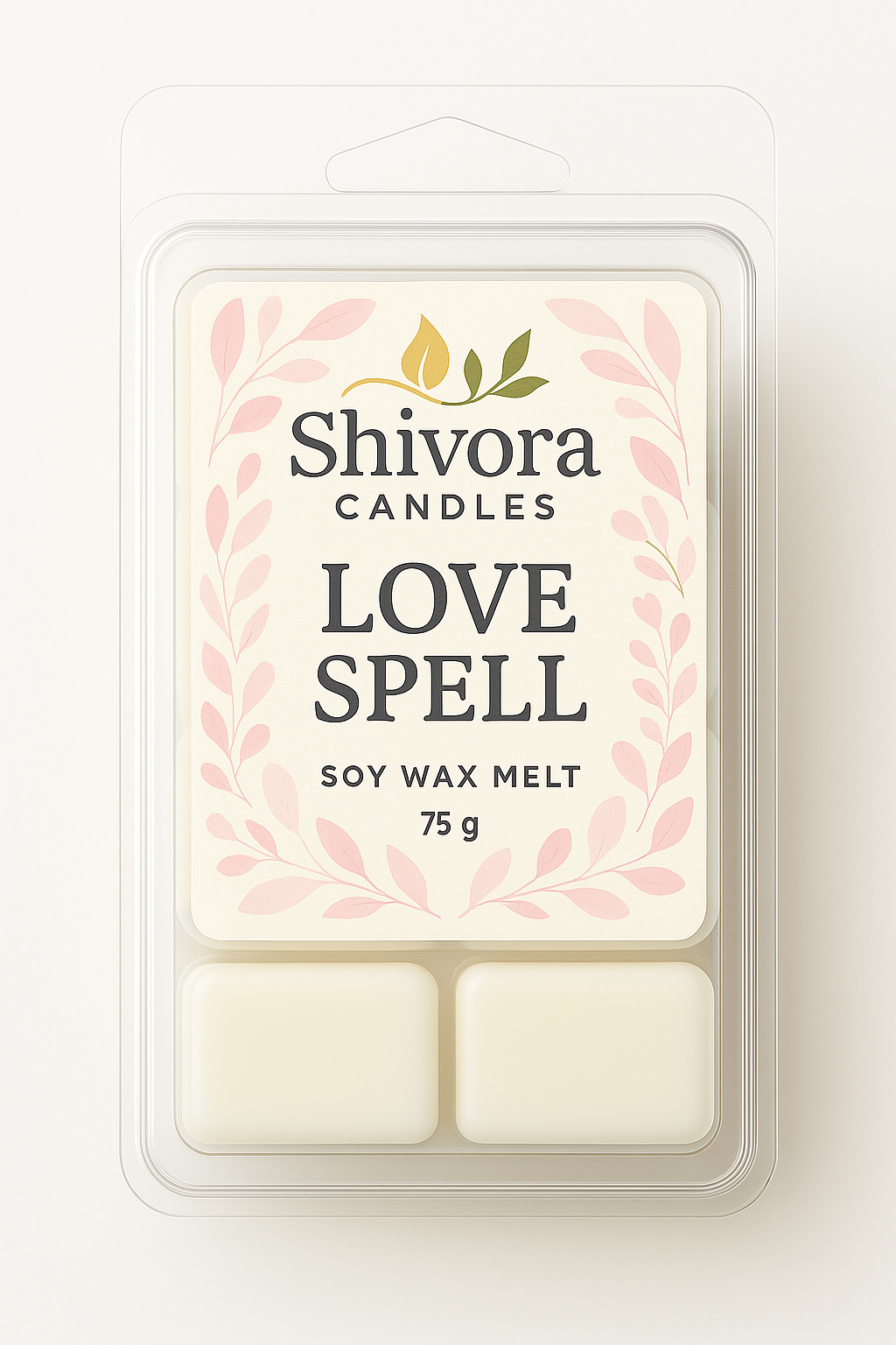 Love Spell Soy Wax Melt 75 g by Shivora Candles – hand-poured eco-friendly soy wax with pink floral label design in clear clamshell packaging