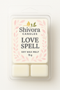 Love Spell Soy Wax Melt 75 g by Shivora Candles – hand-poured eco-friendly soy wax with pink floral label design in clear clamshell packaging