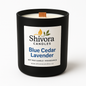 Blue Cedar & Lavender soy wax candle with wooden wick in matte black jar by Shivora Candles