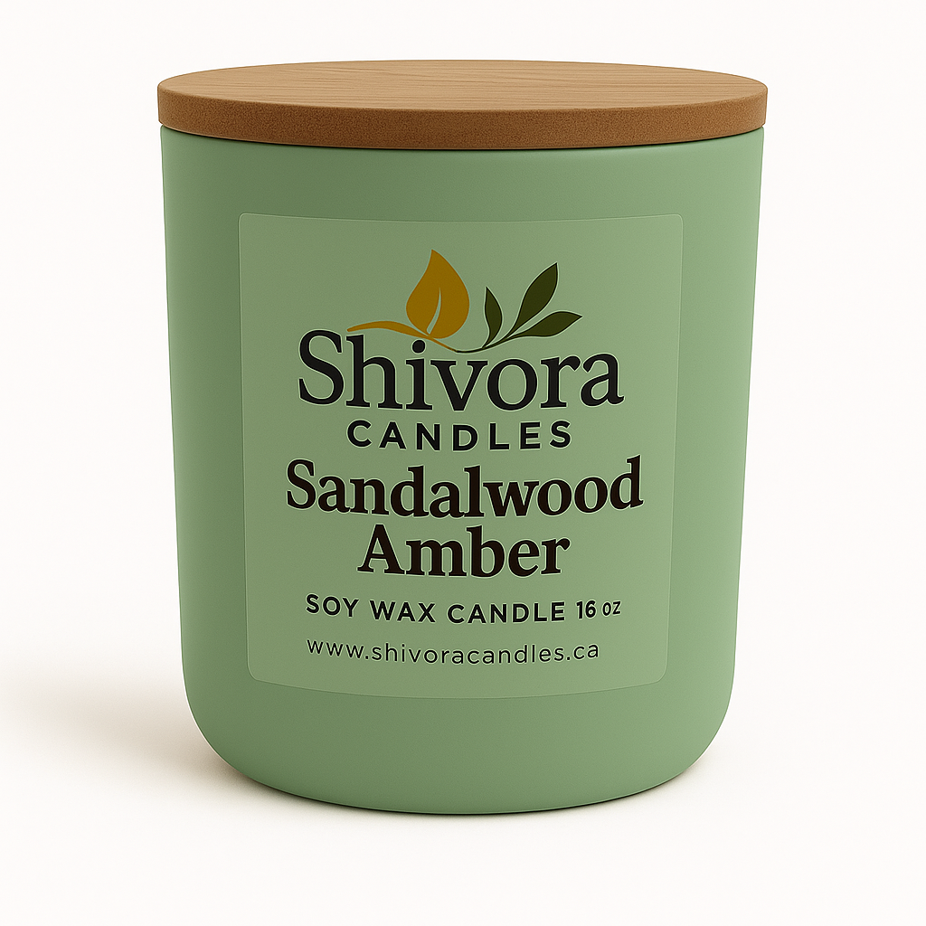Sandalwood & Amber Soy Candle 16 oz – Sage Green Jar with Wooden Lid – Shivora Candles