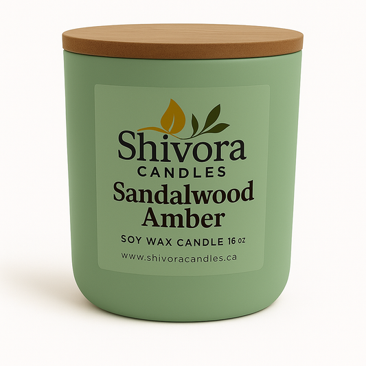 Sandalwood & Amber Soy Candle 16 oz – Sage Green Jar with Wooden Lid – Shivora Candles