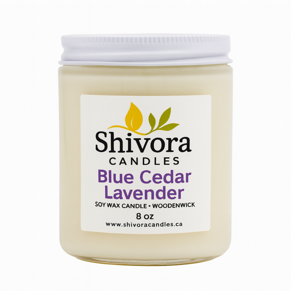 Blue Cedar Lavender Soy Candle – 8oz Wood Wick | Aromatherapy Candle | Hand-Poured in Canada
