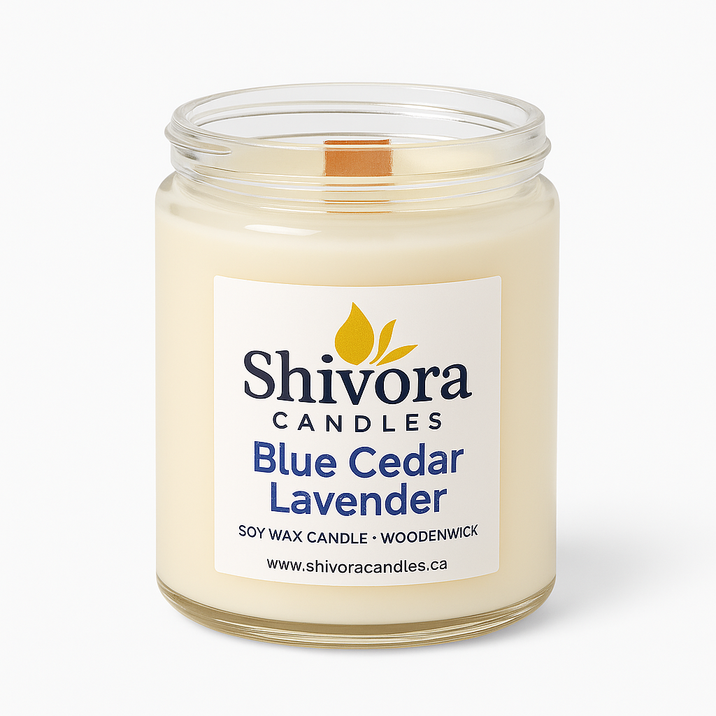 Blue Cedar Lavender Soy Candle – 8oz Wood Wick | Aromatherapy Candle | Hand-Poured in Canada