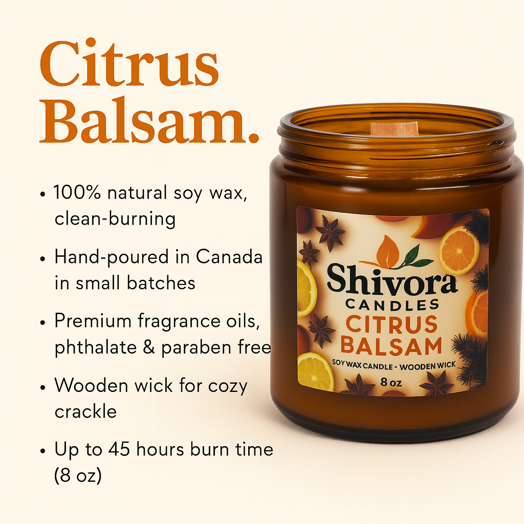 Citrus Balsam Soy Candle – 8 oz Wooden Wick | Fresh Citrus & Evergreen | Hand-Poured in Canada