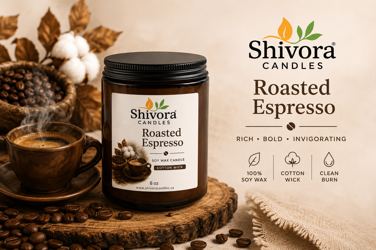 Bougie de soja Espresso torréfié – Mèche en coton de 227 g
