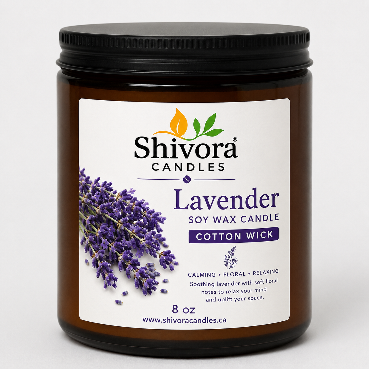 Shivora Candles Lavender Soy Wax Candle 8 oz in amber glass jar with cotton wick – handmade scented candle made in Canada
