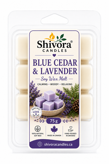 Blue Cedar and Lavender Soy Wax Melt handcrafted in Ontario Canada by Shivora Candles with calming lavender and cedarwood fragrance product image