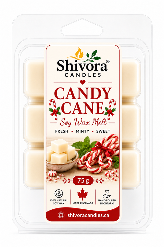 Candy Cane Soy Wax Melt hand-poured in Ontario, Canada by Shivora Candles with peppermint and vanilla fragrance handmade soy candle by Shivora Candles Canada